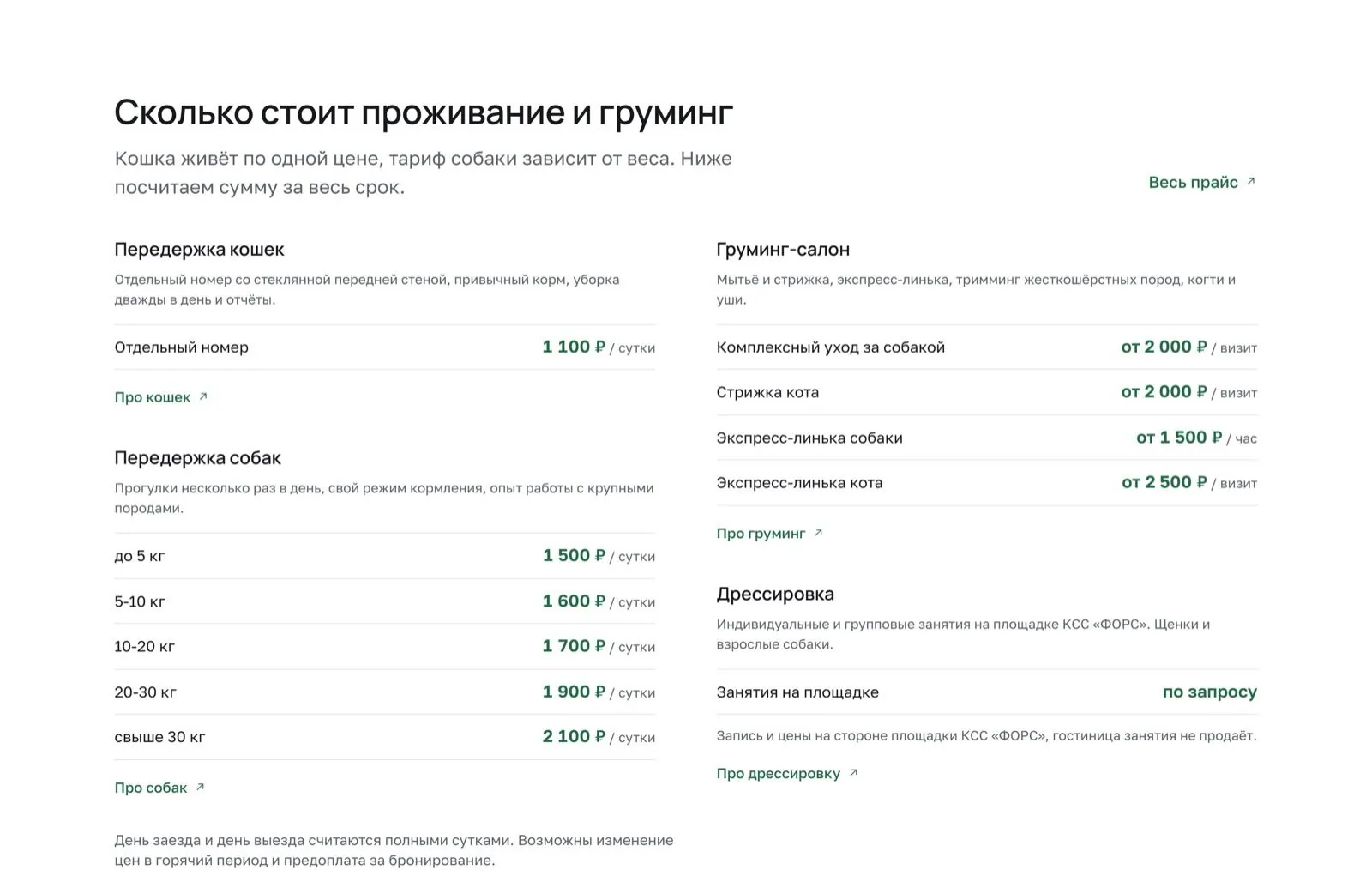 Прайс проживания и груминга одной таблицей, по весу собаки